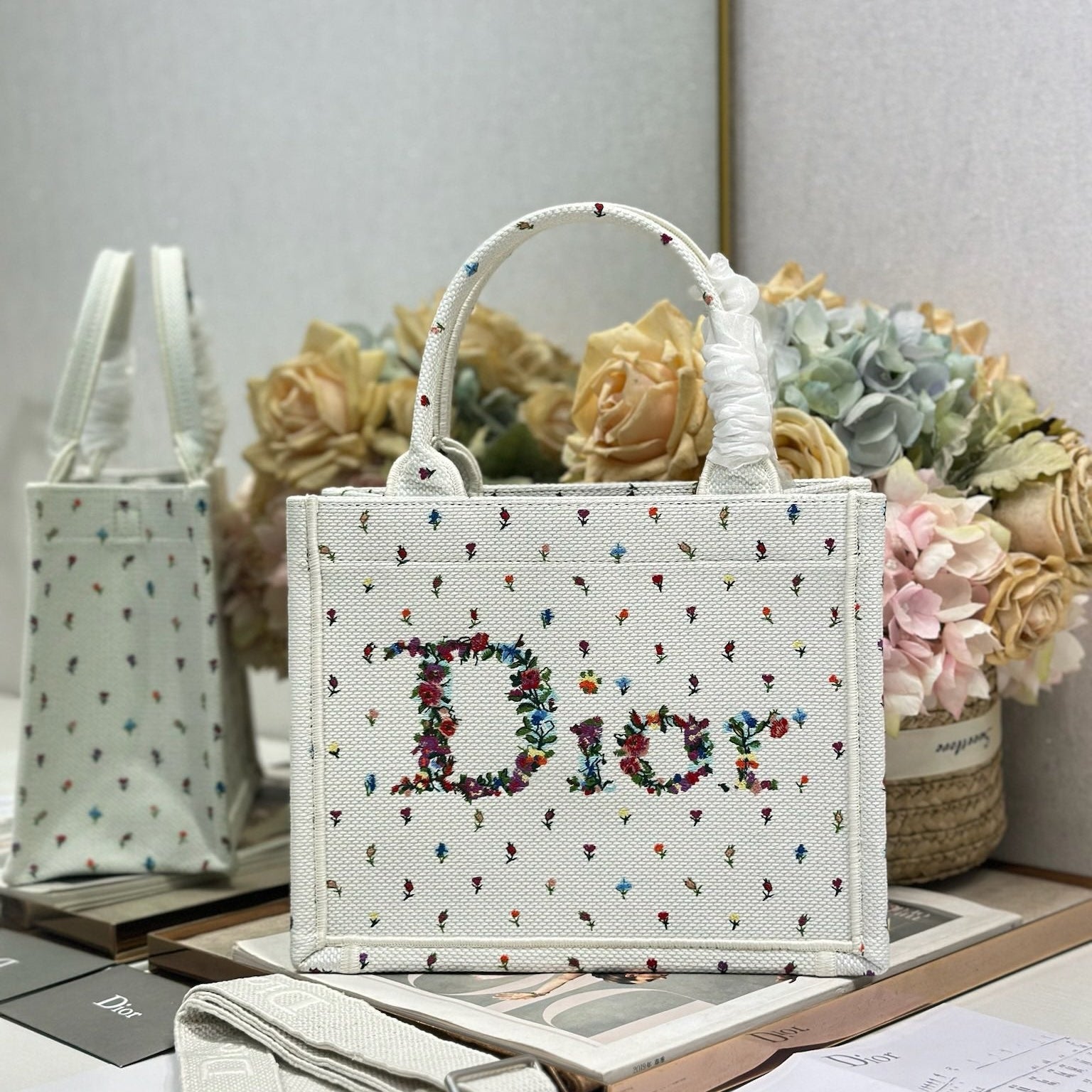 DIOR 26S BOOK TOTE BAG 36 IN MULTICOLOR MICRO FLORAL BAYADERE FABRIC
