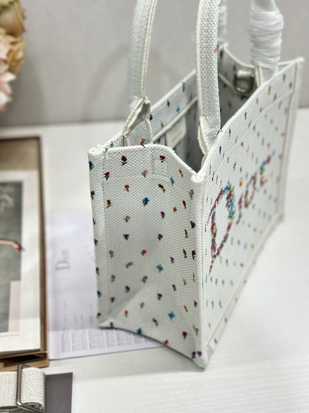 DIOR 26S BOOK TOTE BAG 36 IN MULTICOLOR MICRO FLORAL BAYADERE FABRIC