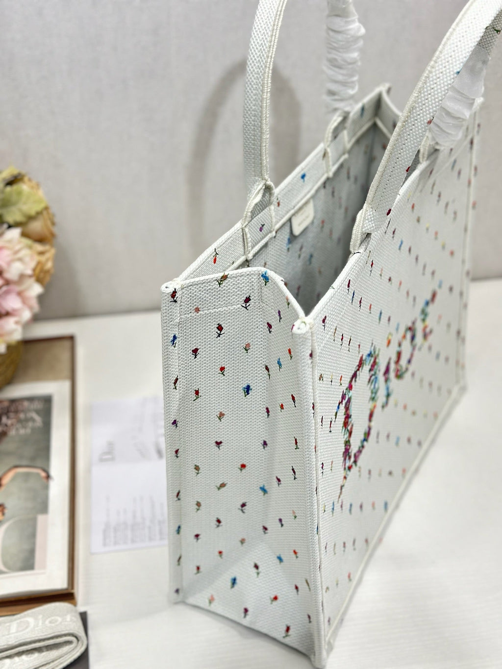 DIOR 26S BOOK TOTE BAG 42 IN MULTICOLOR MICRO FLORAL BAYADERE FABRIC