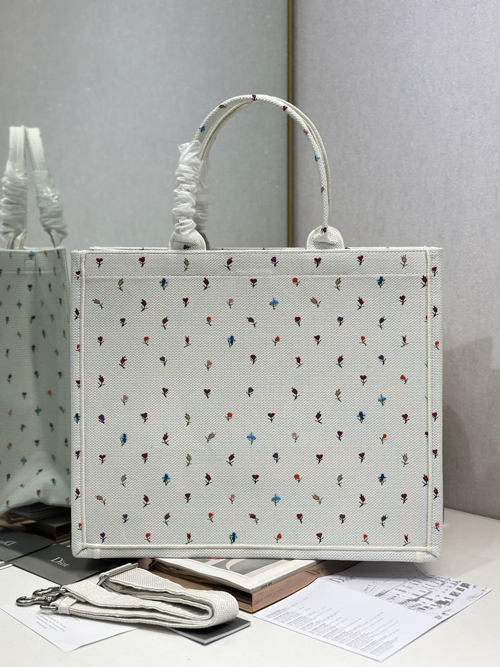 DIOR 26S BOOK TOTE BAG 42 IN MULTICOLOR MICRO FLORAL BAYADERE FABRIC