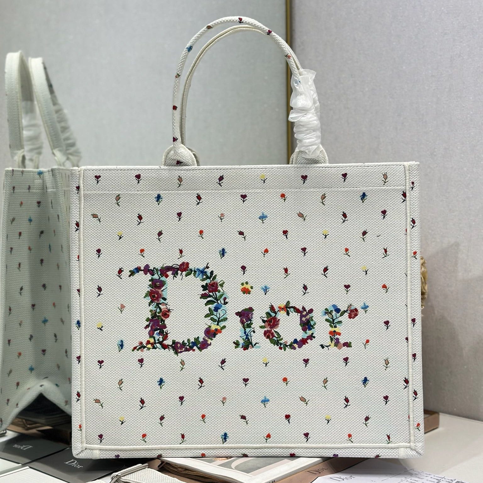 DIOR 26S BOOK TOTE BAG 42 IN MULTICOLOR MICRO FLORAL BAYADERE FABRIC