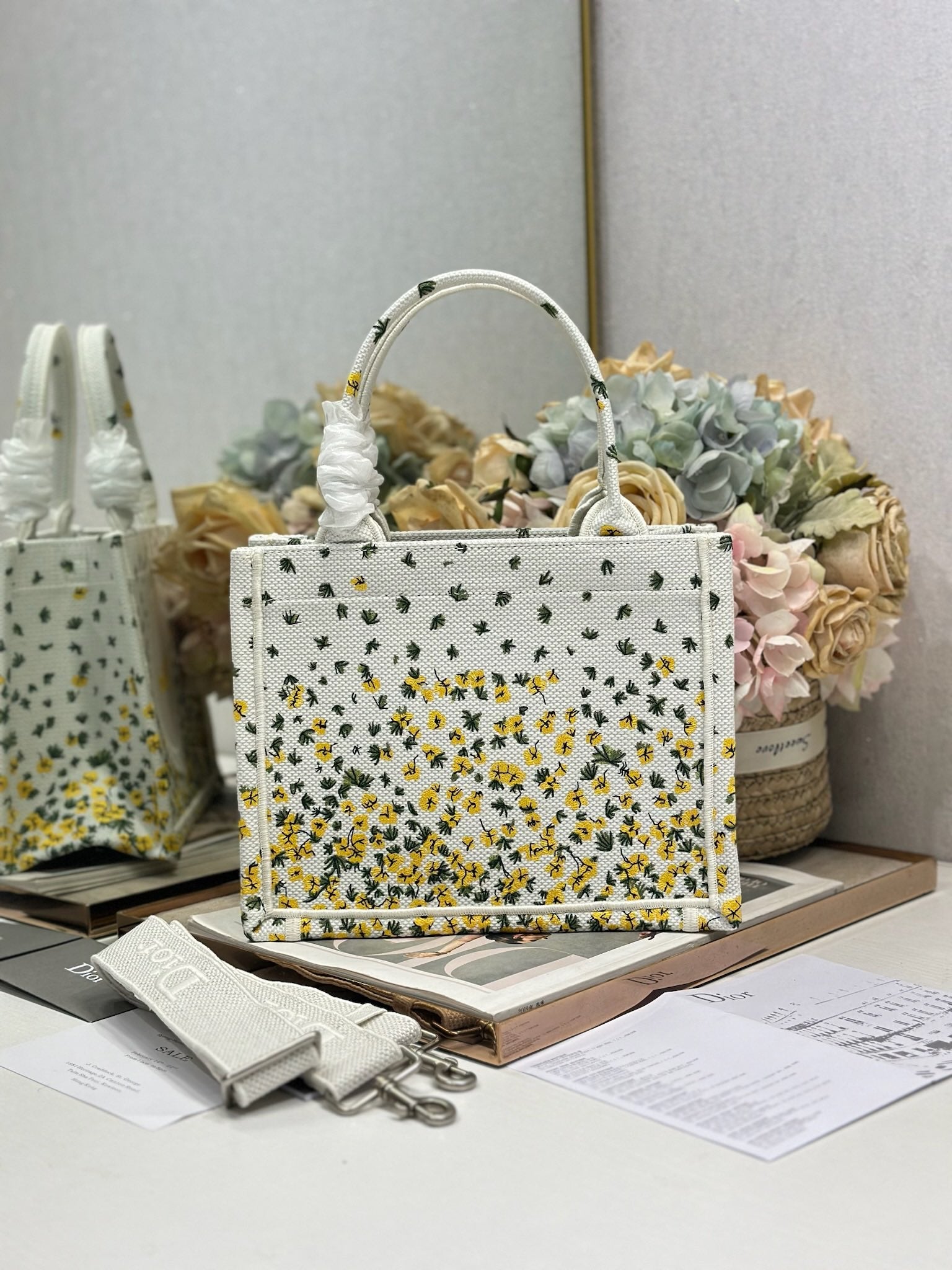 DIOR 26S BOOK TOTE BAG 26 IN WHITE FLORAL EMBROIDERY BAYADERE FABRIC