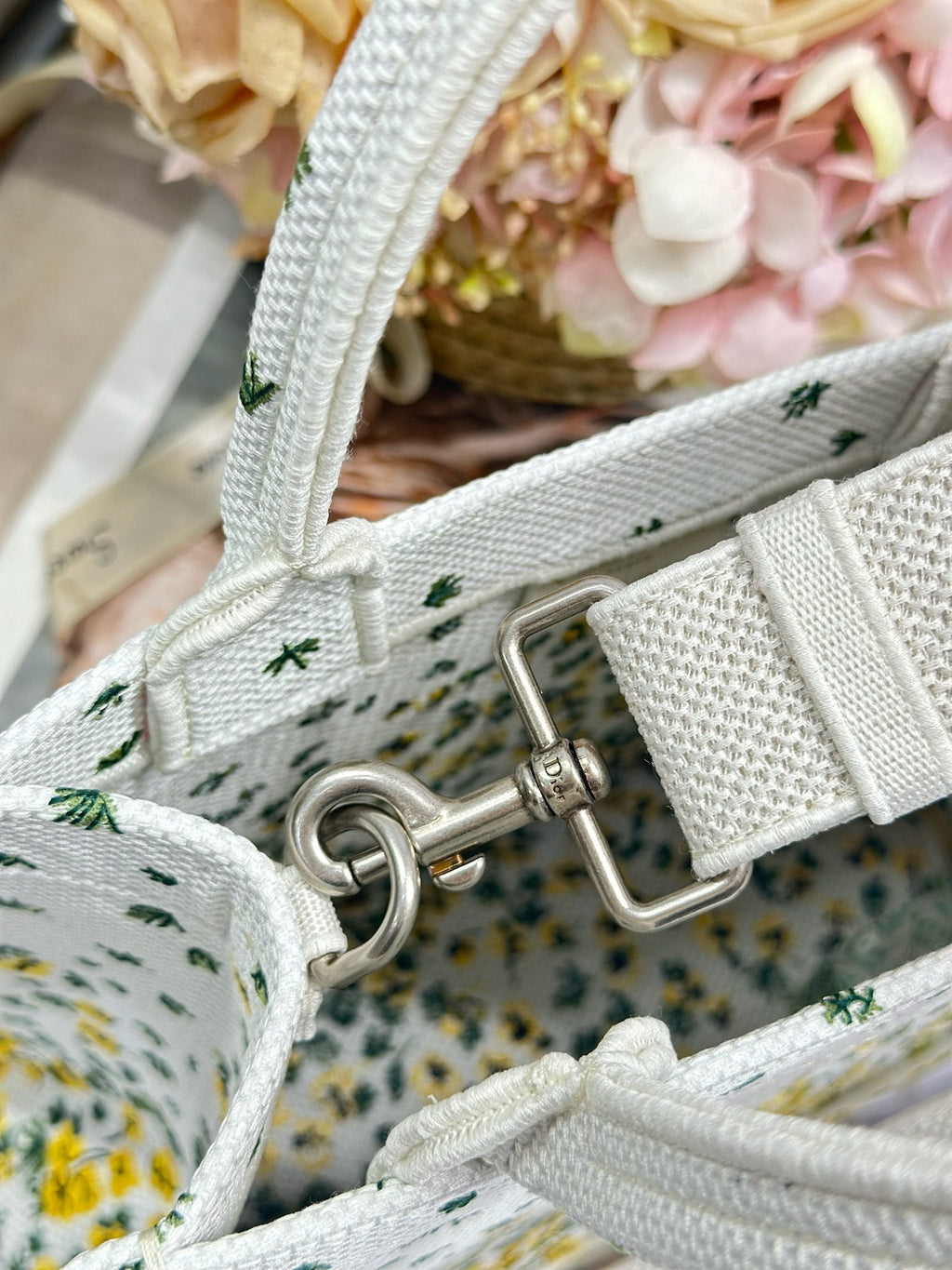 DIOR 26S BOOK TOTE BAG 26 IN WHITE FLORAL EMBROIDERY BAYADERE FABRIC