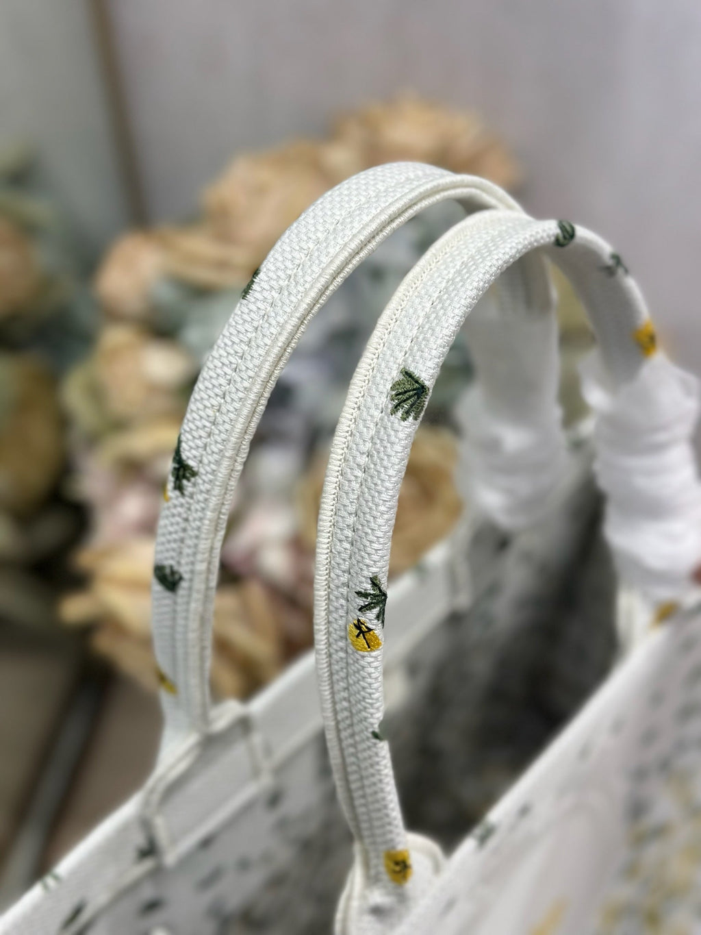 DIOR 26S BOOK TOTE BAG 36 IN WHITE FLORAL EMBROIDERY BAYADERE FABRIC