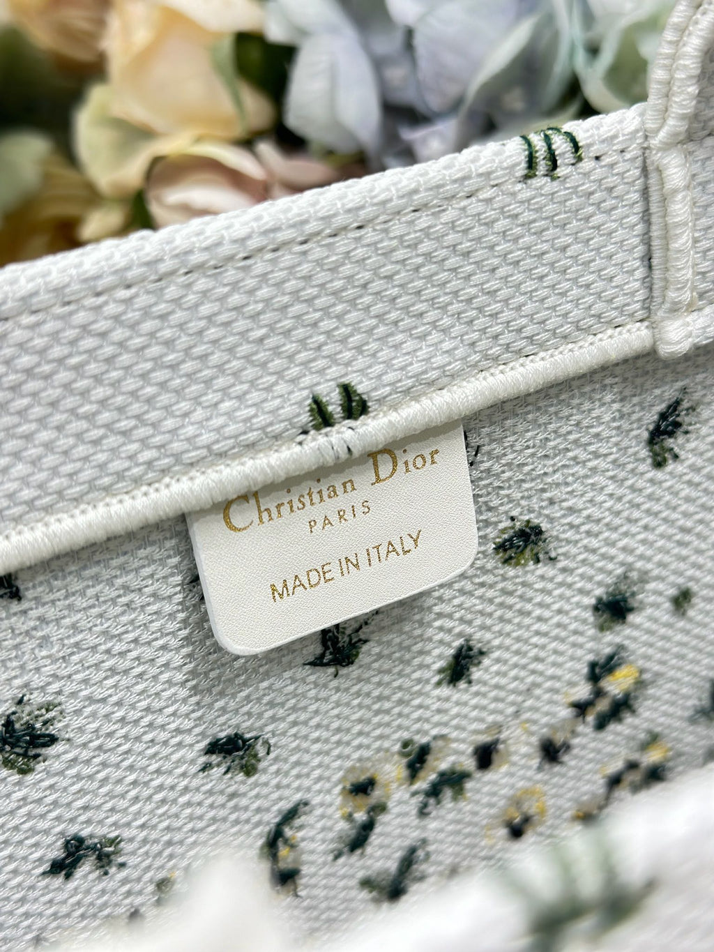 DIOR 26S BOOK TOTE BAG 36 IN WHITE FLORAL EMBROIDERY BAYADERE FABRIC