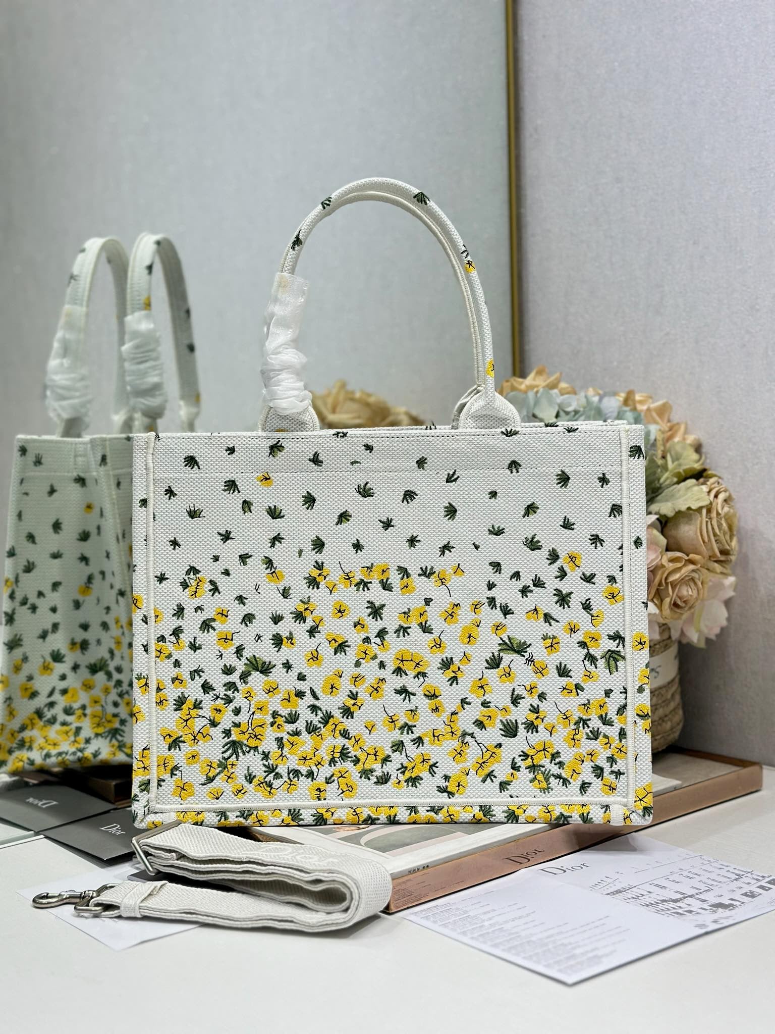 DIOR 26S BOOK TOTE BAG 36 IN WHITE FLORAL EMBROIDERY BAYADERE FABRIC