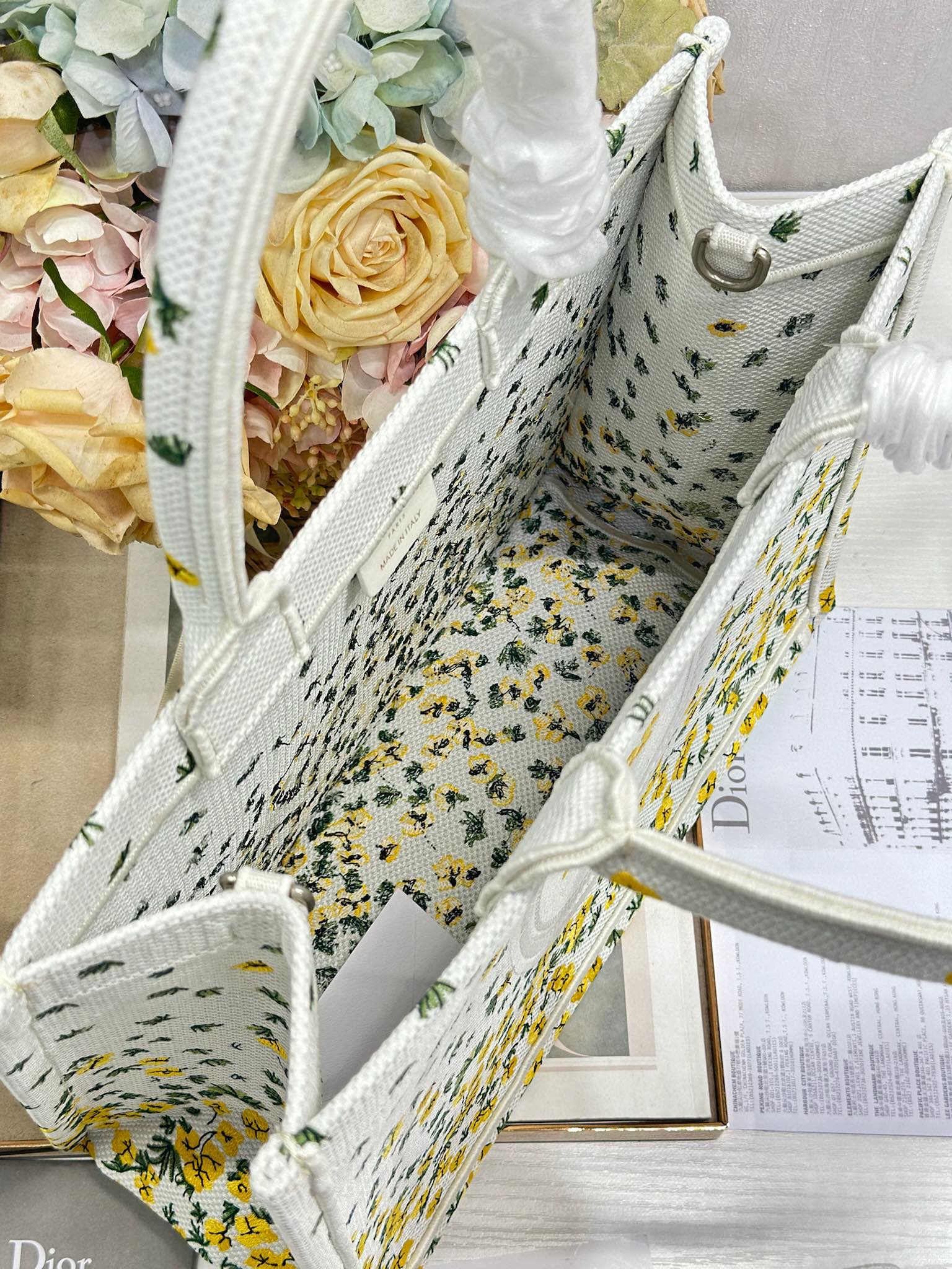 DIOR 26S BOOK TOTE BAG 36 IN WHITE FLORAL EMBROIDERY BAYADERE FABRIC