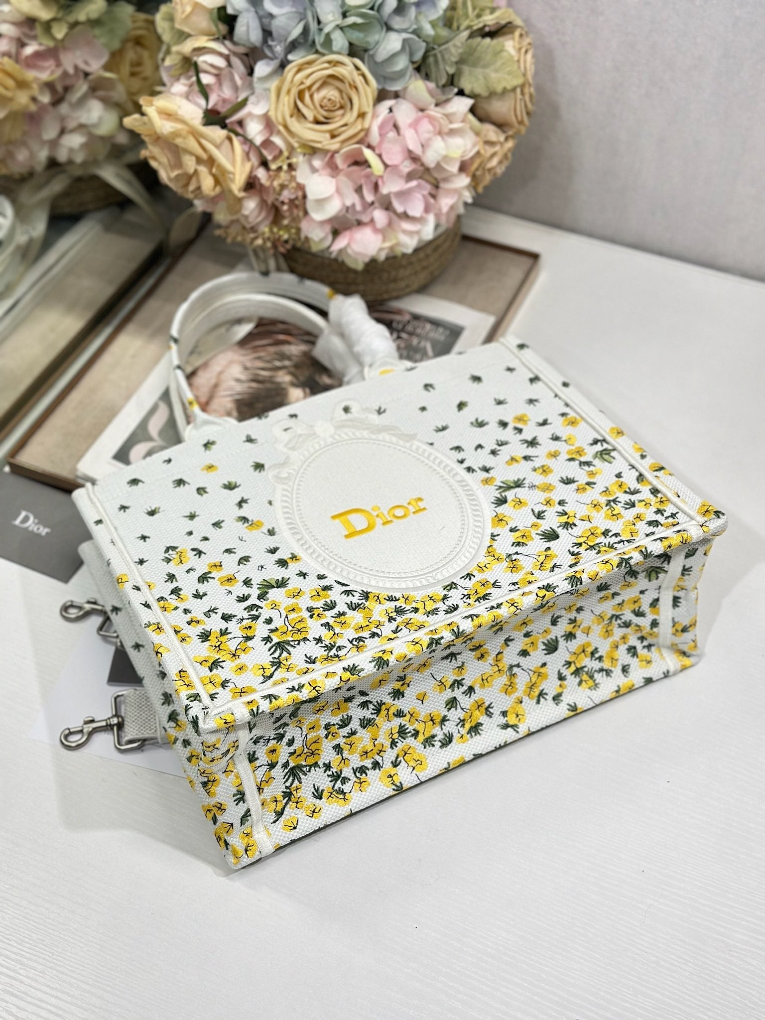 DIOR 26S BOOK TOTE BAG 36 IN WHITE FLORAL EMBROIDERY BAYADERE FABRIC