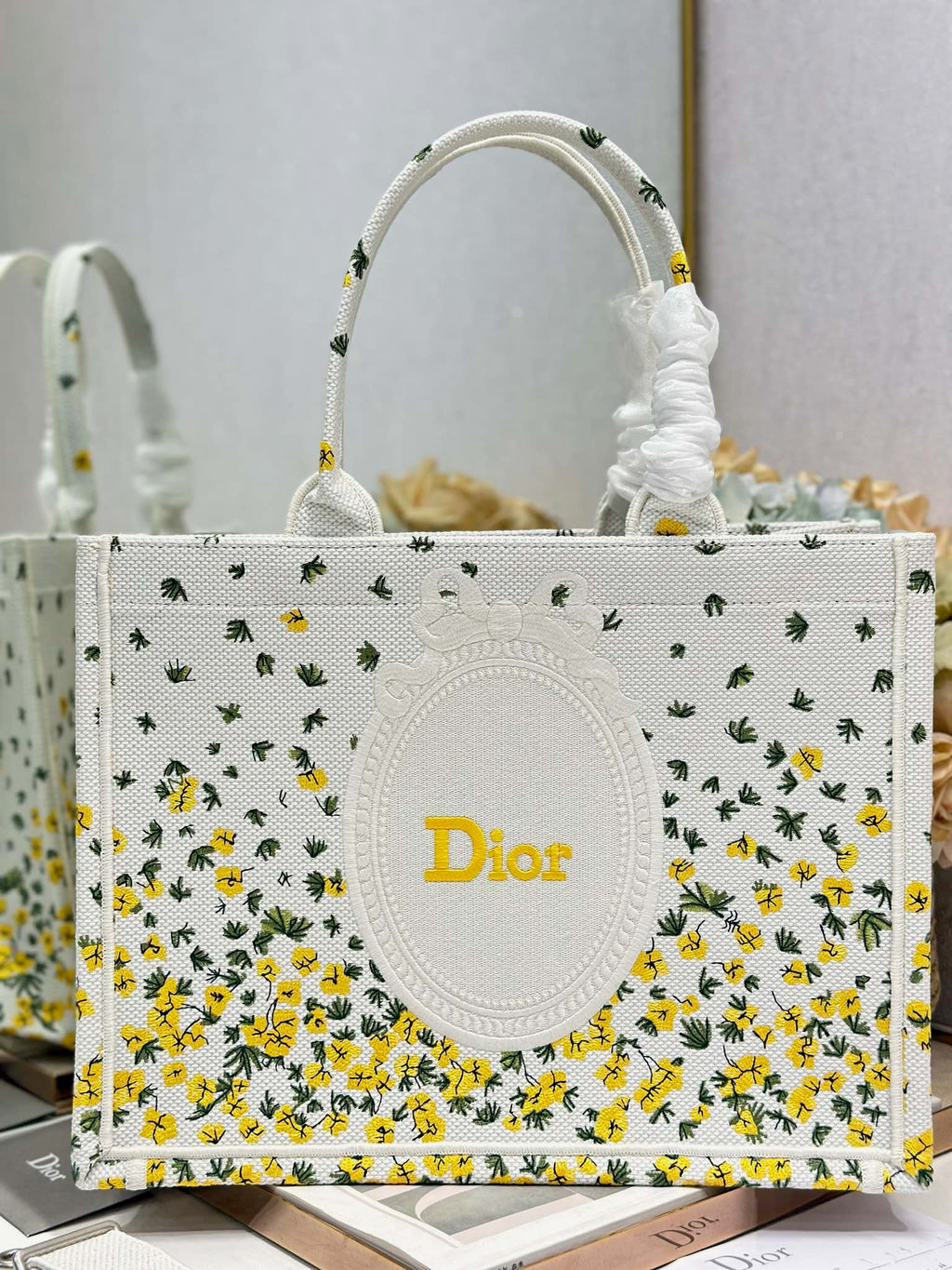 DIOR 26S BOOK TOTE BAG 36 IN WHITE FLORAL EMBROIDERY BAYADERE FABRIC