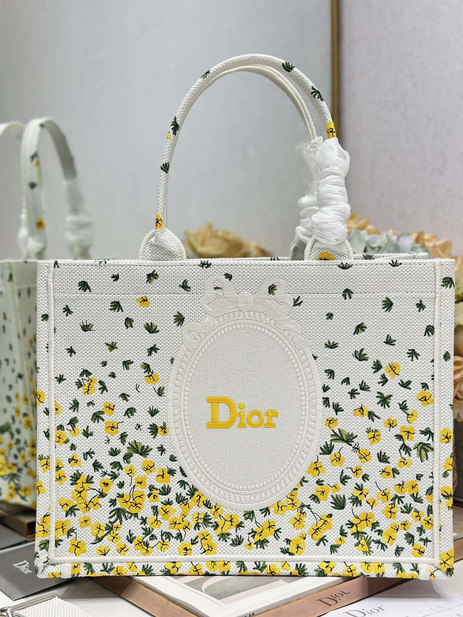 DIOR 26S BOOK TOTE BAG 36 IN WHITE FLORAL EMBROIDERY BAYADERE FABRIC