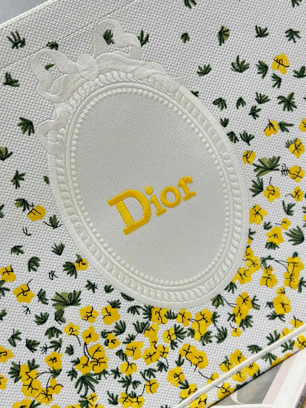 DIOR 26S BOOK TOTE BAG 42 IN WHITE FLORAL EMBROIDERY BAYADERE FABRIC