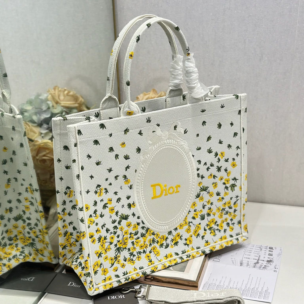 DIOR 26S BOOK TOTE BAG 42 IN WHITE FLORAL EMBROIDERY BAYADERE FABRIC