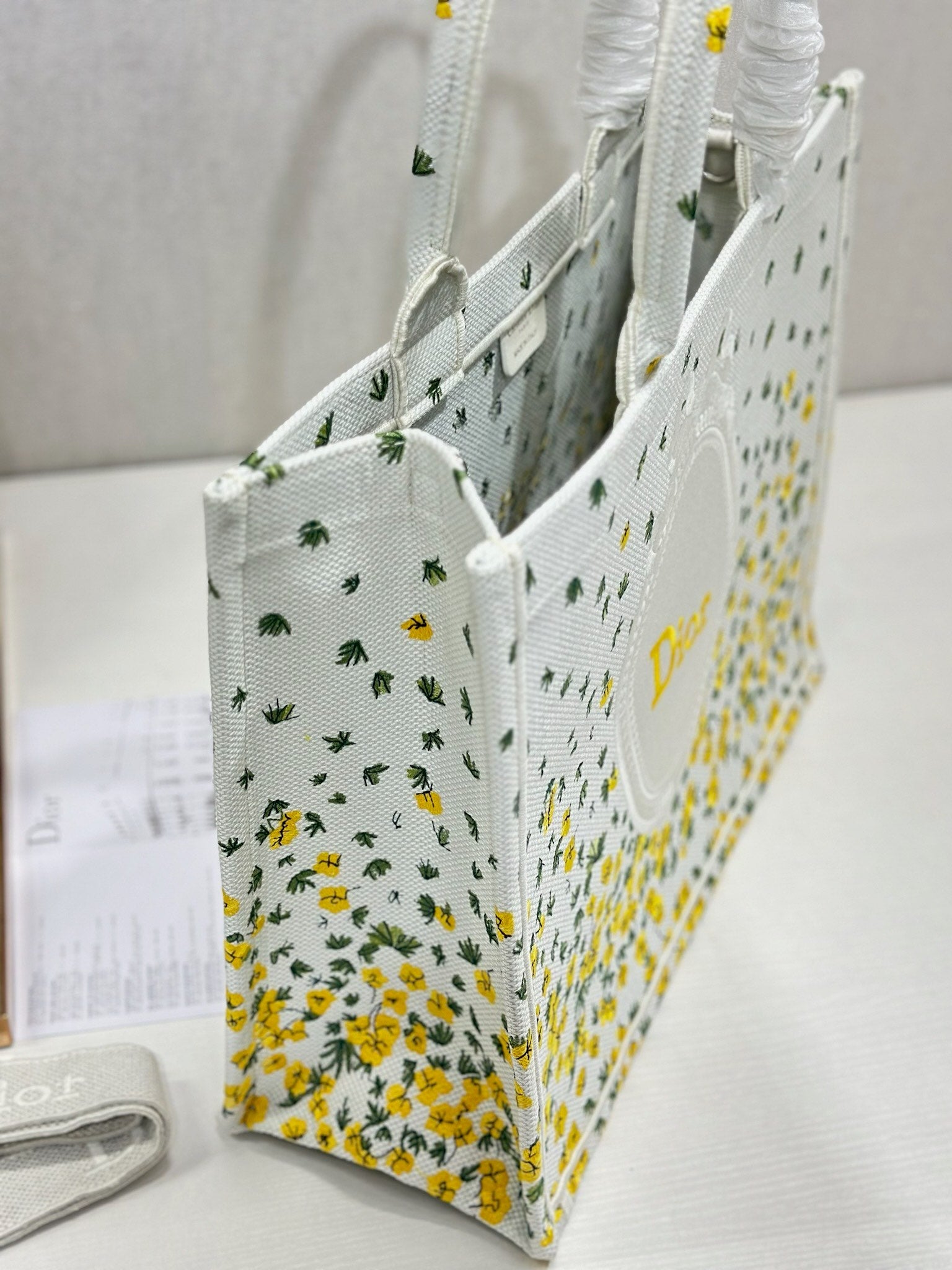 DIOR 26S BOOK TOTE BAG 42 IN WHITE FLORAL EMBROIDERY BAYADERE FABRIC