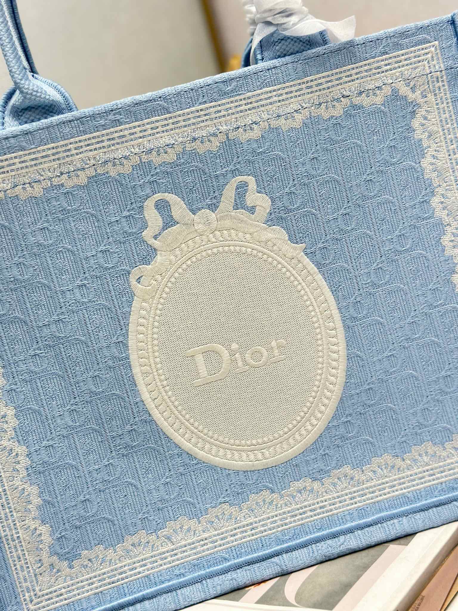 DIOR 26S BOOK TOTE BAG 36 IN BLUE AND WHITE LACE BAYADERE FABRIC