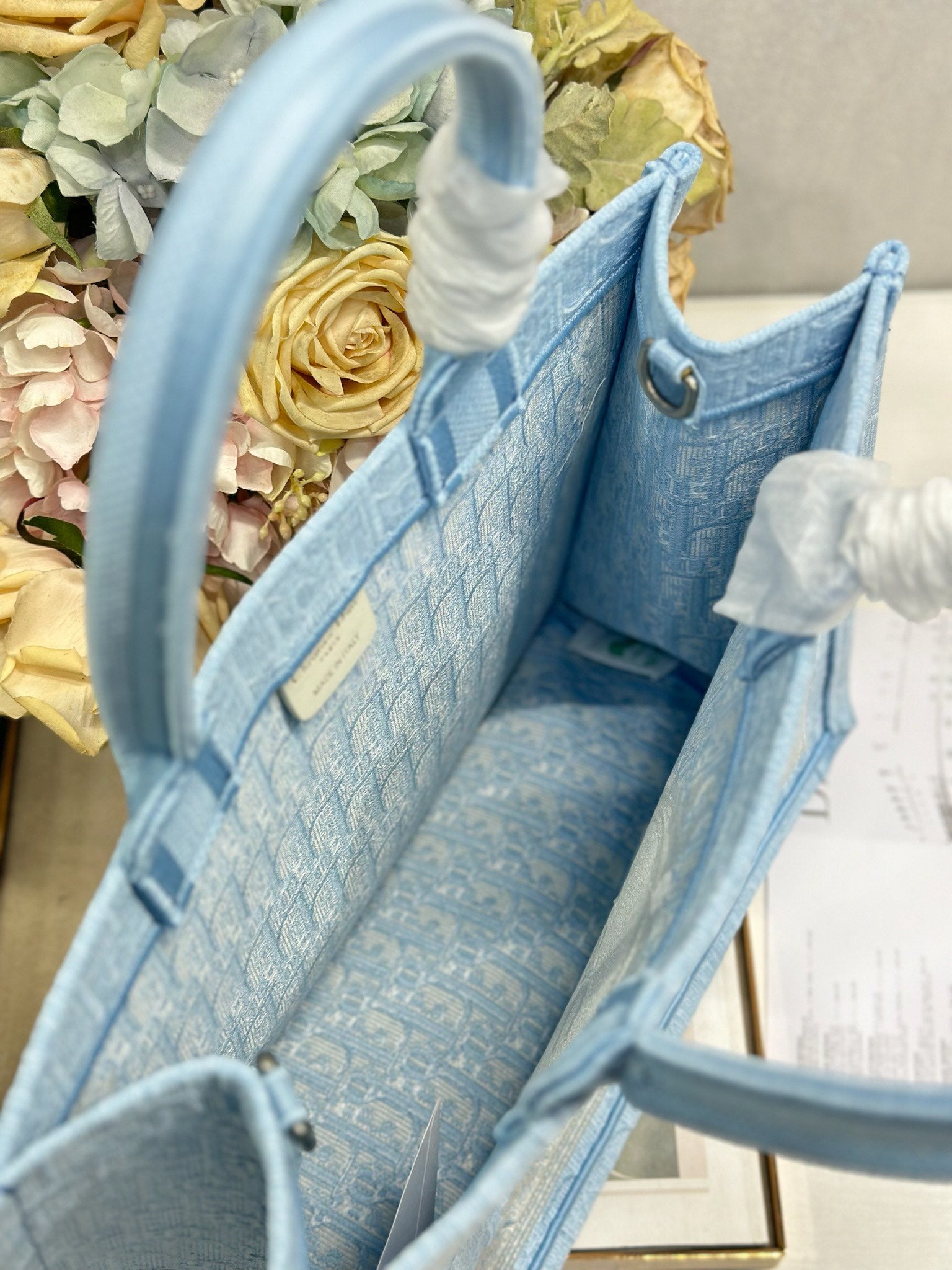 DIOR 26S BOOK TOTE BAG 36 IN BLUE AND WHITE LACE BAYADERE FABRIC