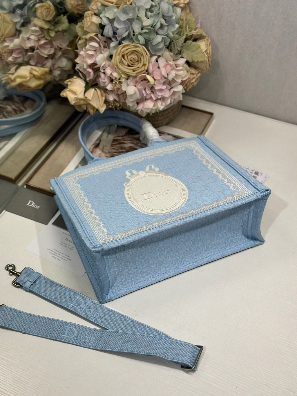 DIOR 26S BOOK TOTE BAG 36 IN BLUE AND WHITE LACE BAYADERE FABRIC