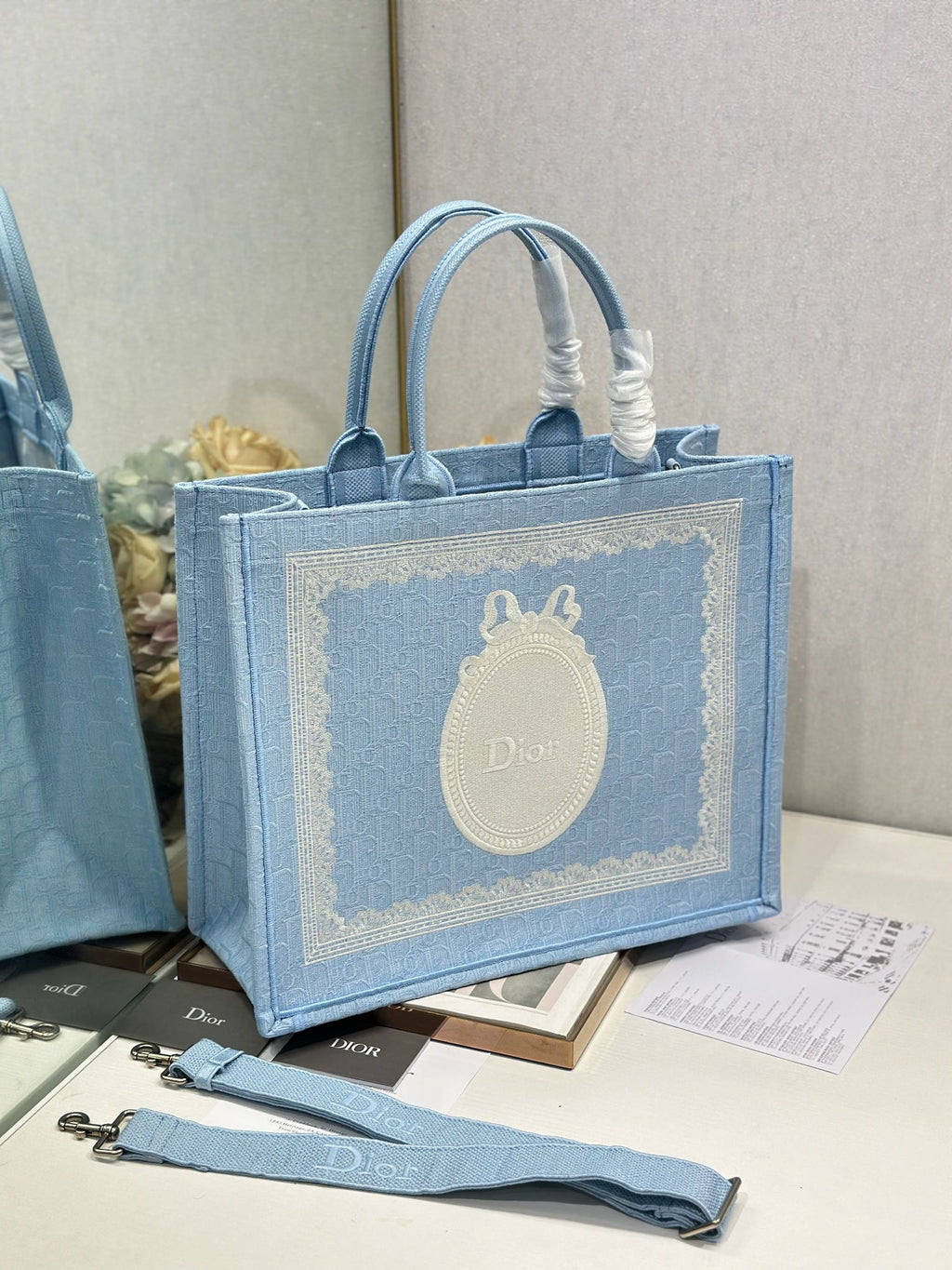 DIOR 26S BOOK TOTE BAG 42 IN BLUE AND WHITE LACE BAYADERE FABRIC