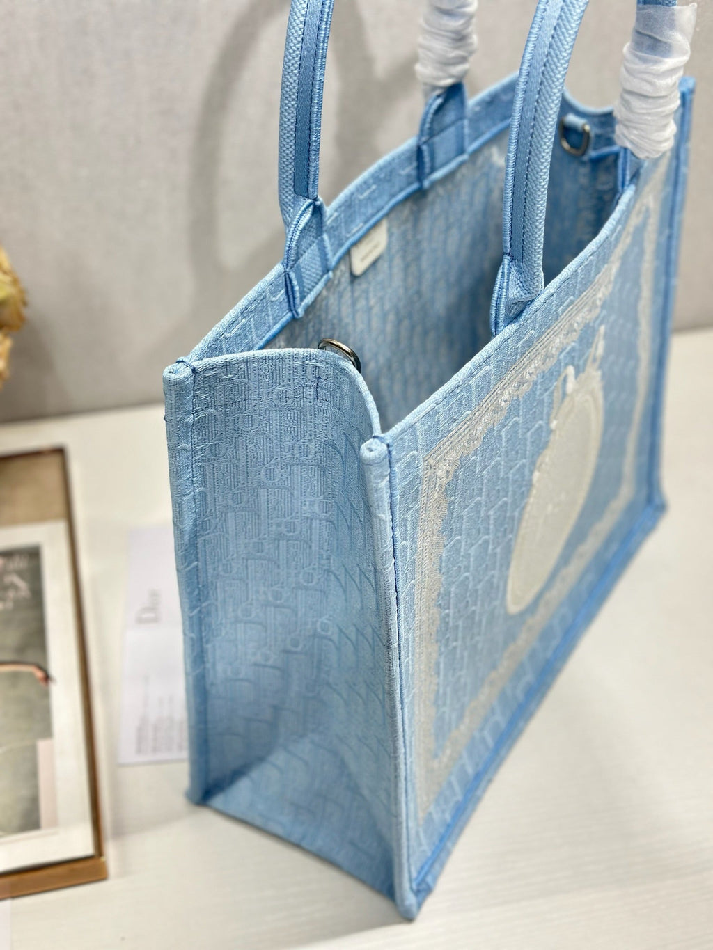DIOR 26S BOOK TOTE BAG 42 IN BLUE AND WHITE LACE BAYADERE FABRIC