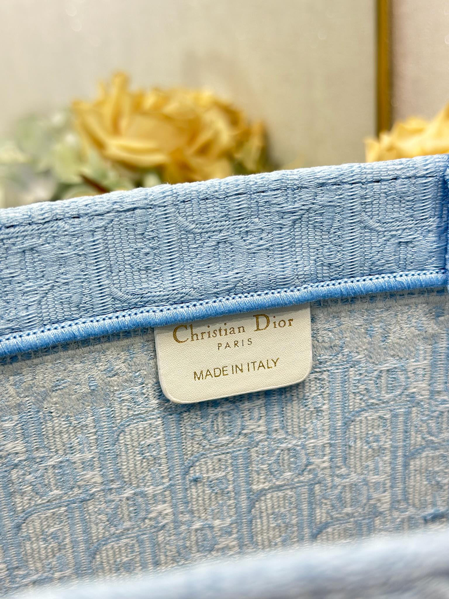 DIOR 26S BOOK TOTE BAG 42 IN BLUE AND WHITE LACE BAYADERE FABRIC