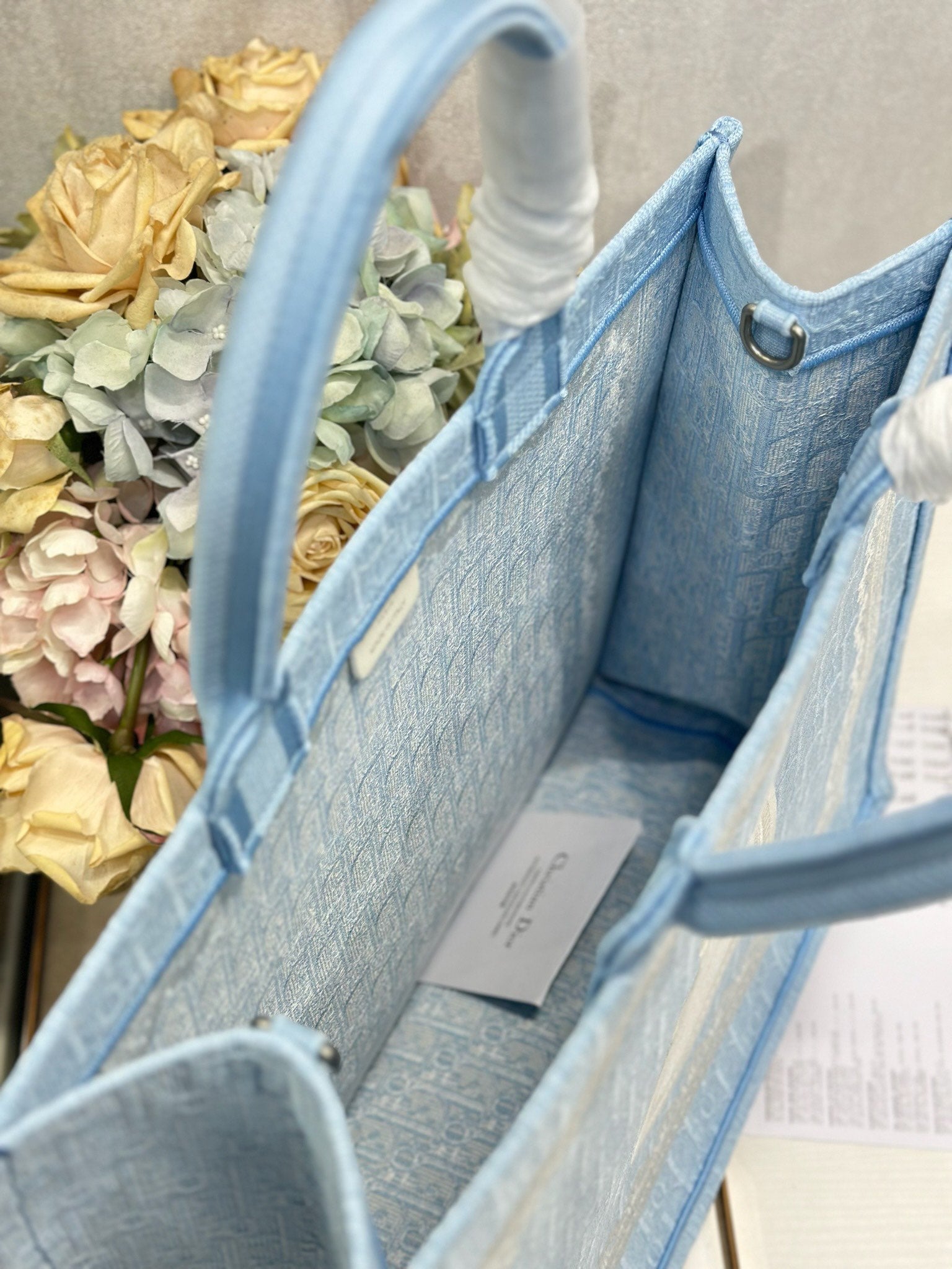 DIOR 26S BOOK TOTE BAG 42 IN BLUE AND WHITE LACE BAYADERE FABRIC