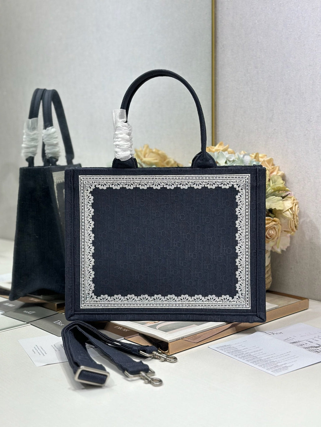DIOR 26S BOOK TOTE BAG 36 IN BLACK AND WHITE LACE BAYADERE FABRIC