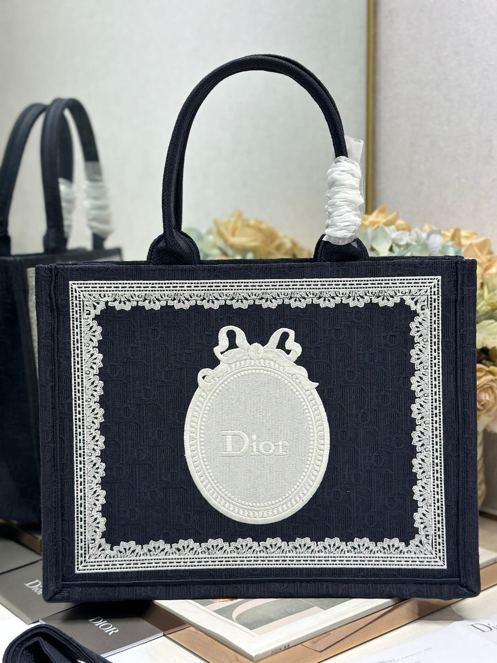 DIOR 26S BOOK TOTE BAG 36 IN BLACK AND WHITE LACE BAYADERE FABRIC