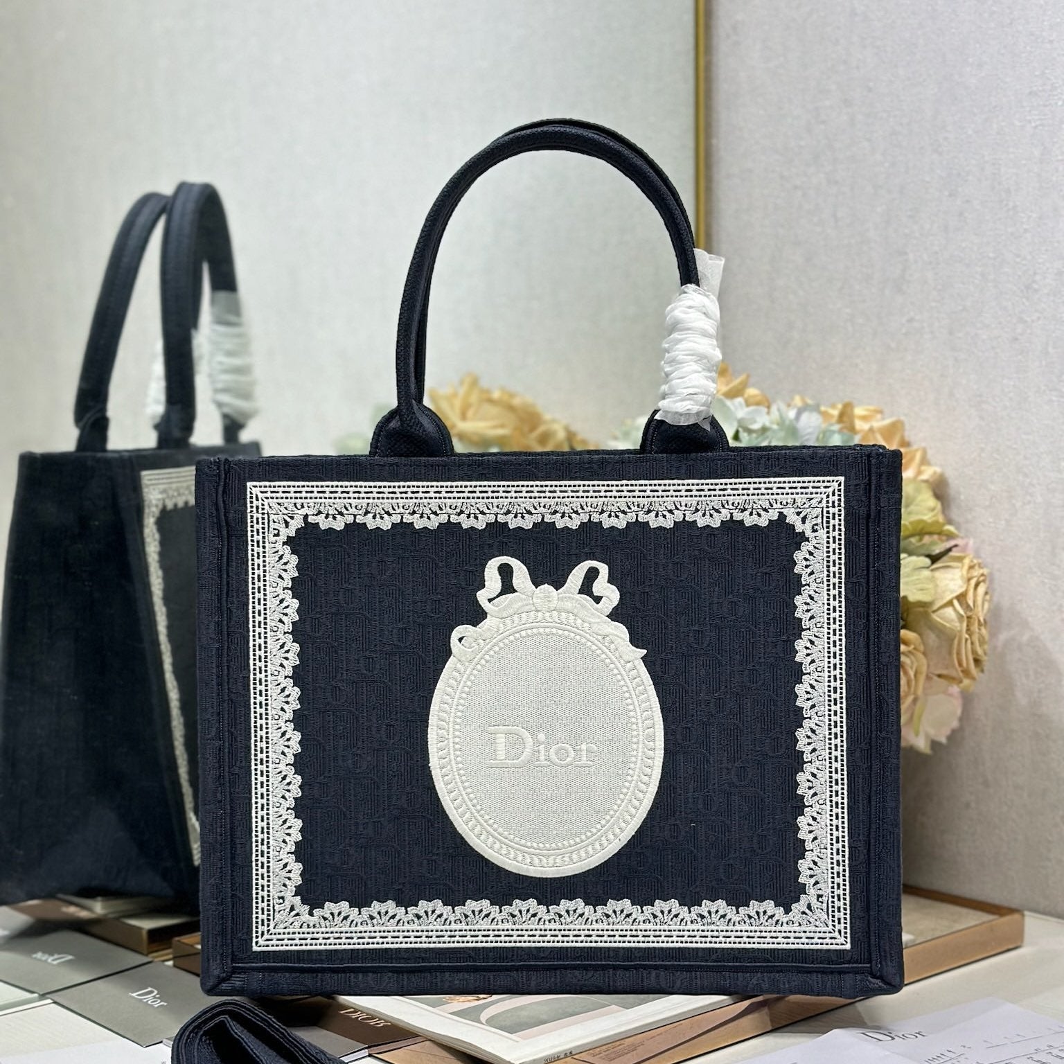 DIOR 26S BOOK TOTE BAG 36 IN BLACK AND WHITE LACE BAYADERE FABRIC
