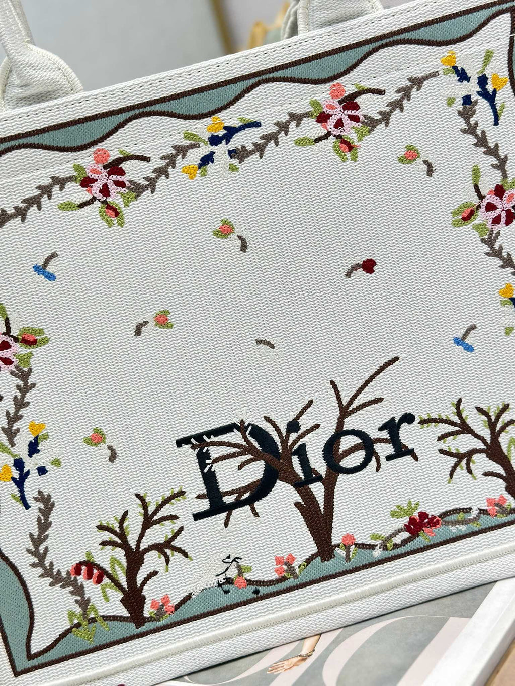 DIOR 26S BOOK TOTE BAG 36 IN BEIGE BAYADERE FABRIC D-STRIPES EMBROIDERY