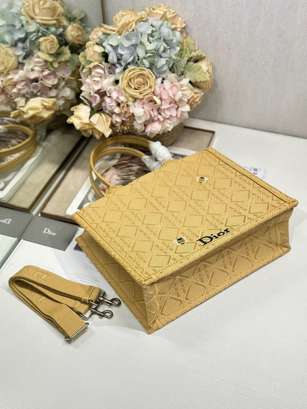 DIOR 26S BOOK TOTE BAG 36 IN BEIGE BAYADERE FABRIC D-STRIPES EMBROIDERY