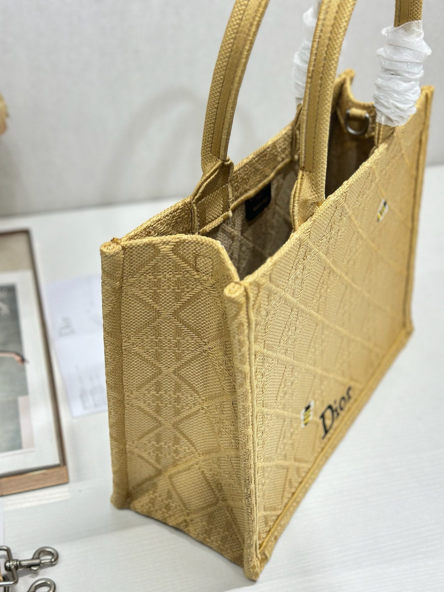 DIOR 26S BOOK TOTE BAG 36 IN BEIGE BAYADERE FABRIC D-STRIPES EMBROIDERY