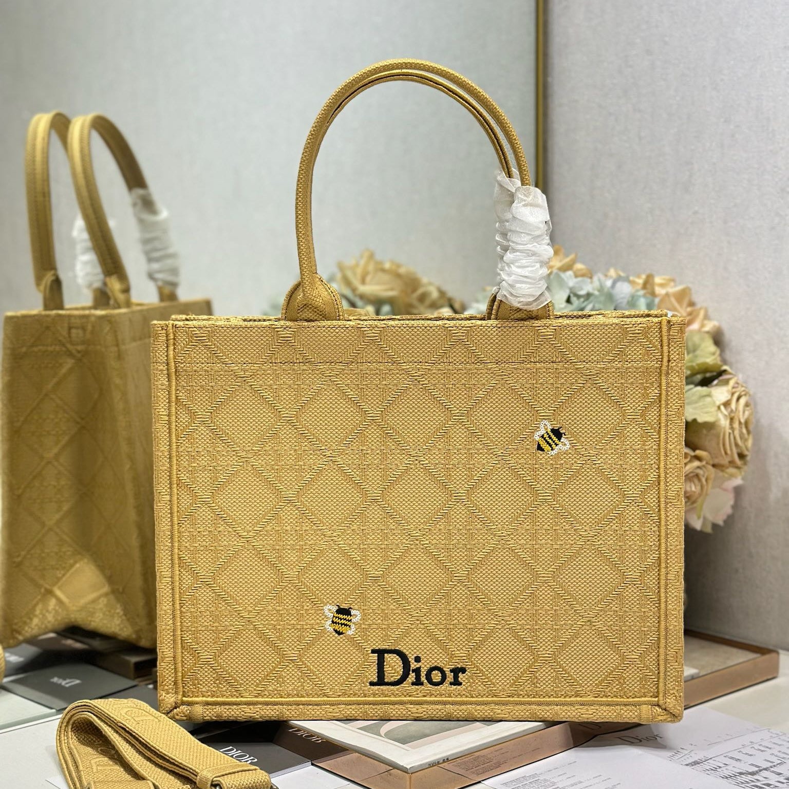 DIOR 26S BOOK TOTE BAG 36 IN BEIGE BAYADERE FABRIC D-STRIPES EMBROIDERY