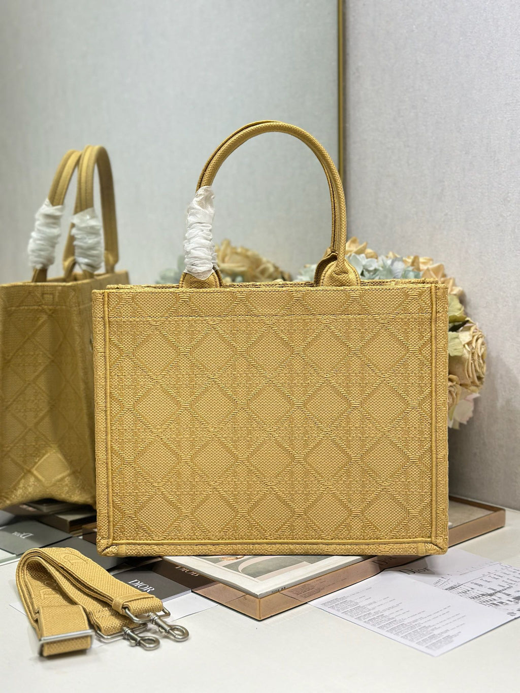 DIOR 26S BOOK TOTE BAG 36 IN BEIGE BAYADERE FABRIC D-STRIPES EMBROIDERY