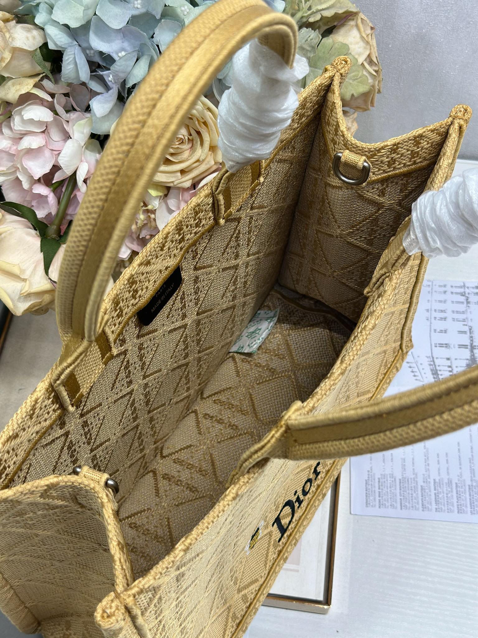 DIOR 26S BOOK TOTE BAG 36 IN BEIGE BAYADERE FABRIC D-STRIPES EMBROIDERY