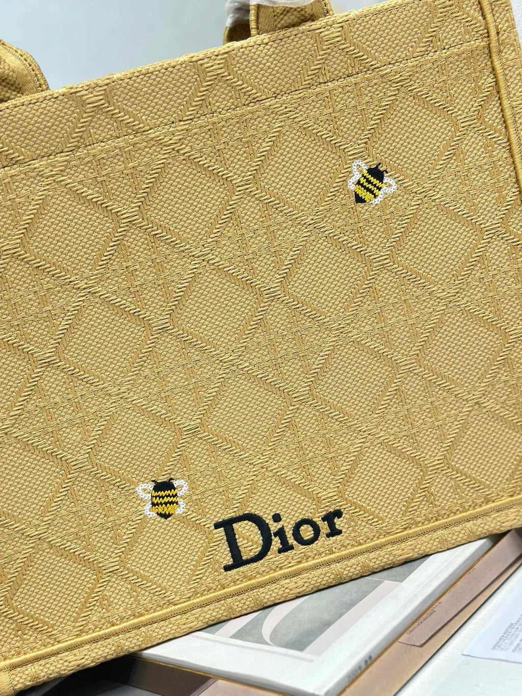 DIOR 26S BOOK TOTE BAG 36 IN BEIGE BAYADERE FABRIC D-STRIPES EMBROIDERY