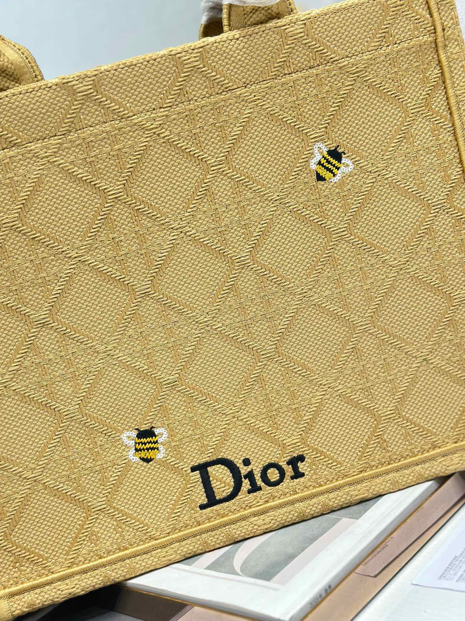 DIOR 26S BOOK TOTE BAG 36 IN BEIGE BAYADERE FABRIC D-STRIPES EMBROIDERY