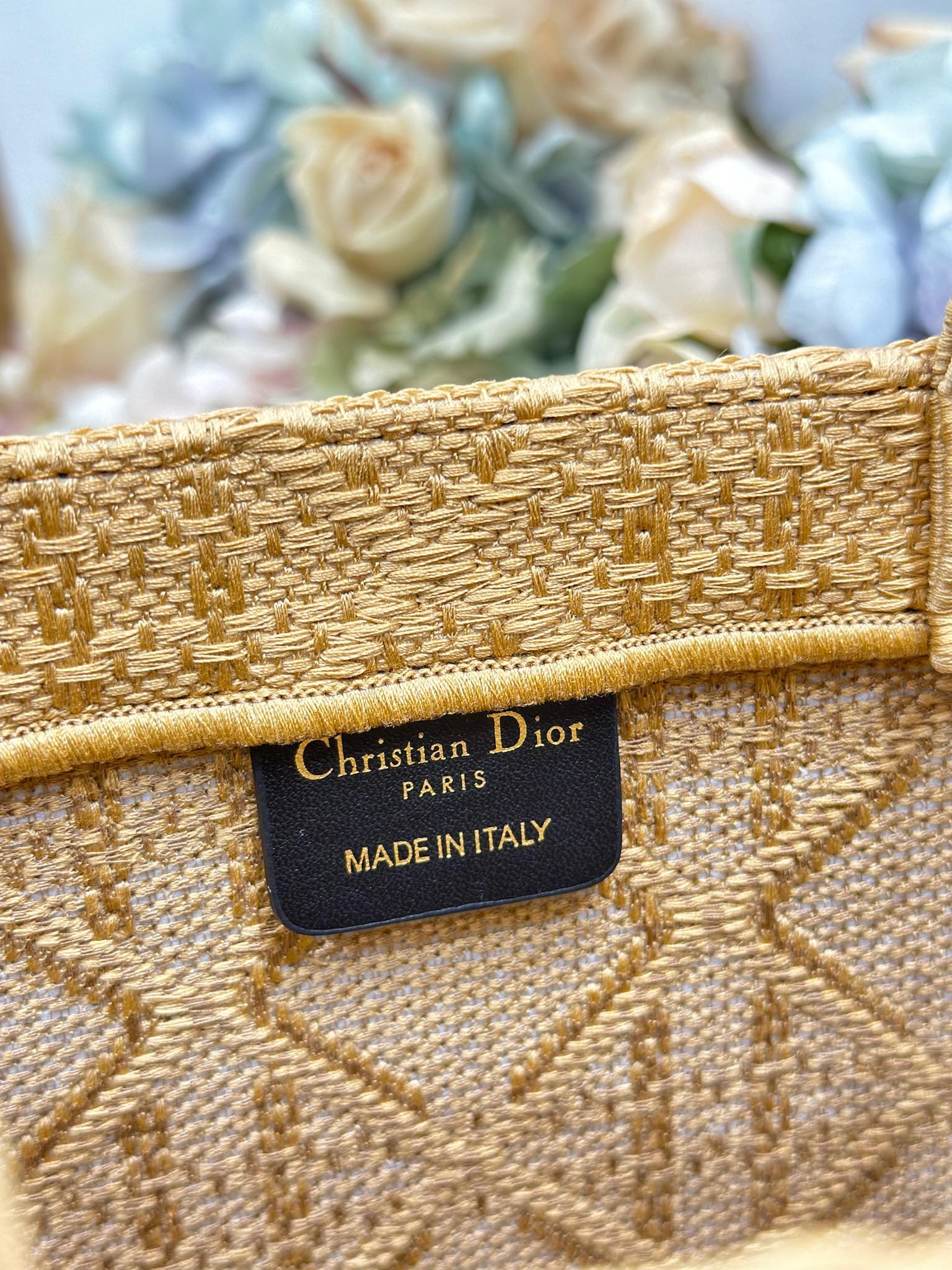 DIOR 26S BOOK TOTE BAG 36 IN BEIGE BAYADERE FABRIC D-STRIPES EMBROIDERY