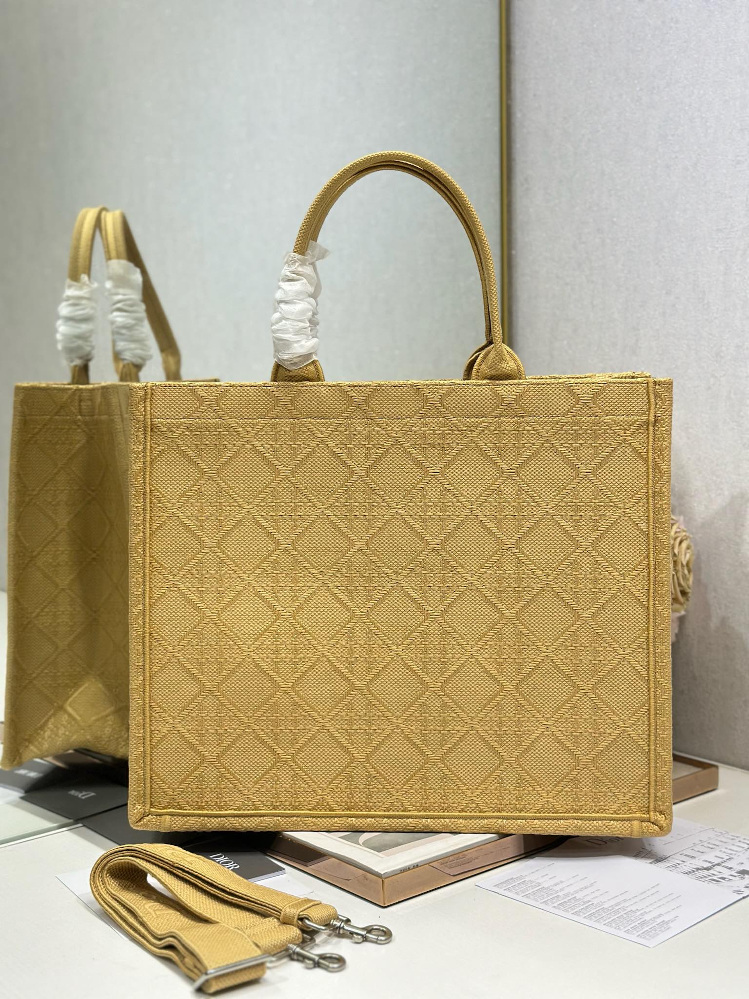 DIOR 26S BOOK TOTE BAG 42 IN BEIGE BAYADERE FABRIC D-STRIPES EMBROIDERY