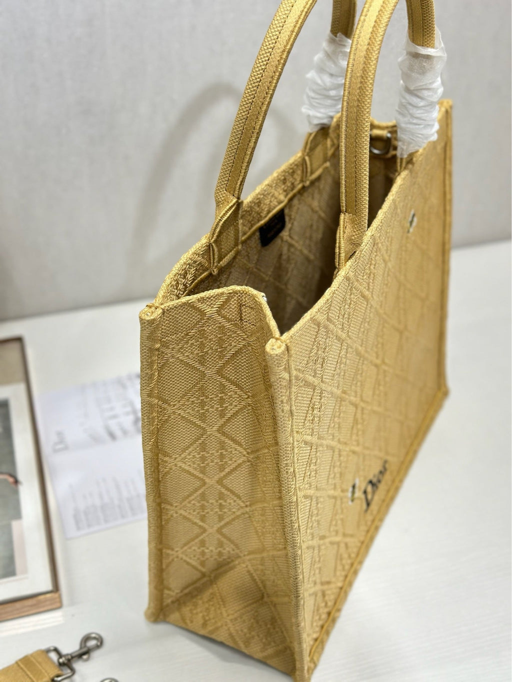 DIOR 26S BOOK TOTE BAG 42 IN BEIGE BAYADERE FABRIC D-STRIPES EMBROIDERY