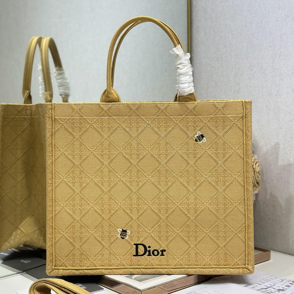 DIOR 26S BOOK TOTE BAG 42 IN BEIGE BAYADERE FABRIC D-STRIPES EMBROIDERY
