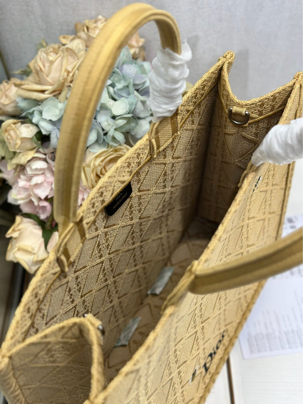 DIOR 26S BOOK TOTE BAG 42 IN BEIGE BAYADERE FABRIC D-STRIPES EMBROIDERY