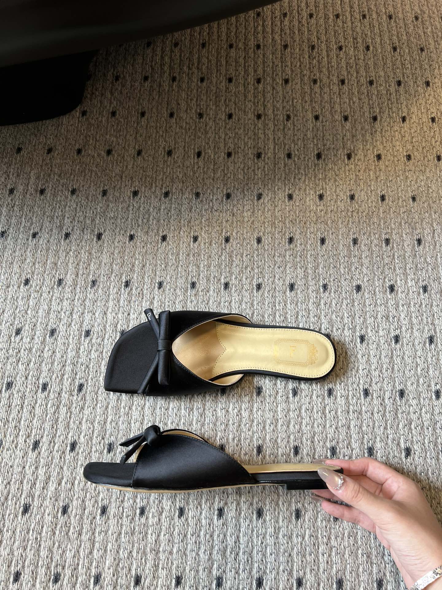 DIOR 26S OBLIQUE BOW MULE IN BLACK SATIN
