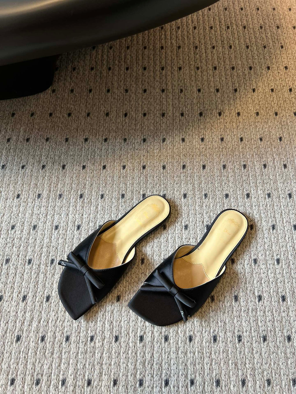 DIOR 26S OBLIQUE BOW MULE IN BLACK SATIN