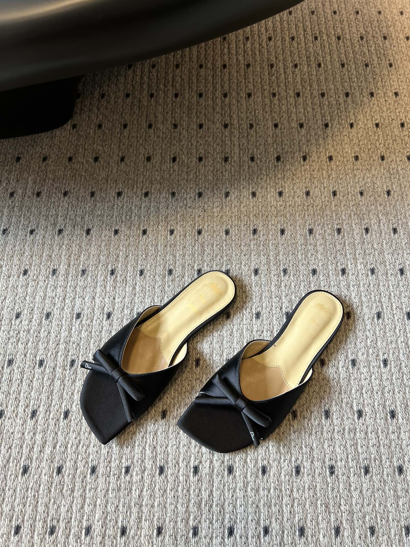 DIOR 26S OBLIQUE BOW MULE IN BLACK SATIN
