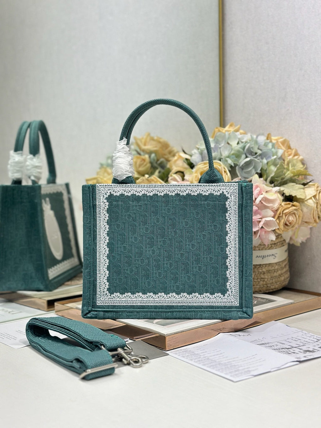 DIOR 26S BOOK TOTE BAG 26 IN TEAL GREEN AND WHITE BAYADERE FABRIC