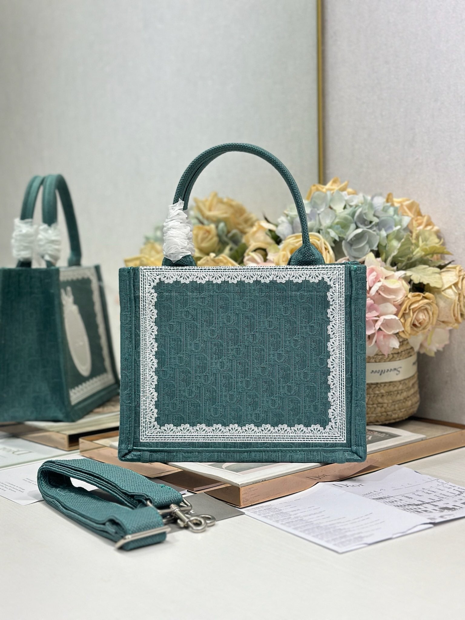 DIOR 26S BOOK TOTE BAG 26 IN TEAL GREEN AND WHITE BAYADERE FABRIC