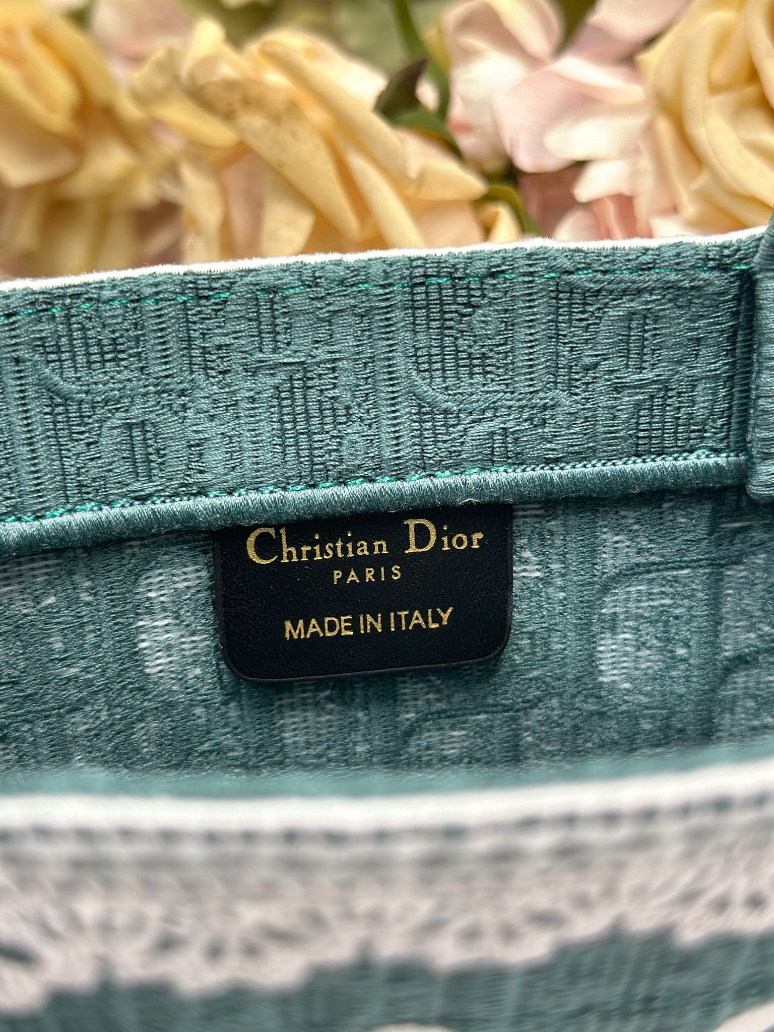 DIOR 26S BOOK TOTE BAG 26 IN TEAL GREEN AND WHITE BAYADERE FABRIC