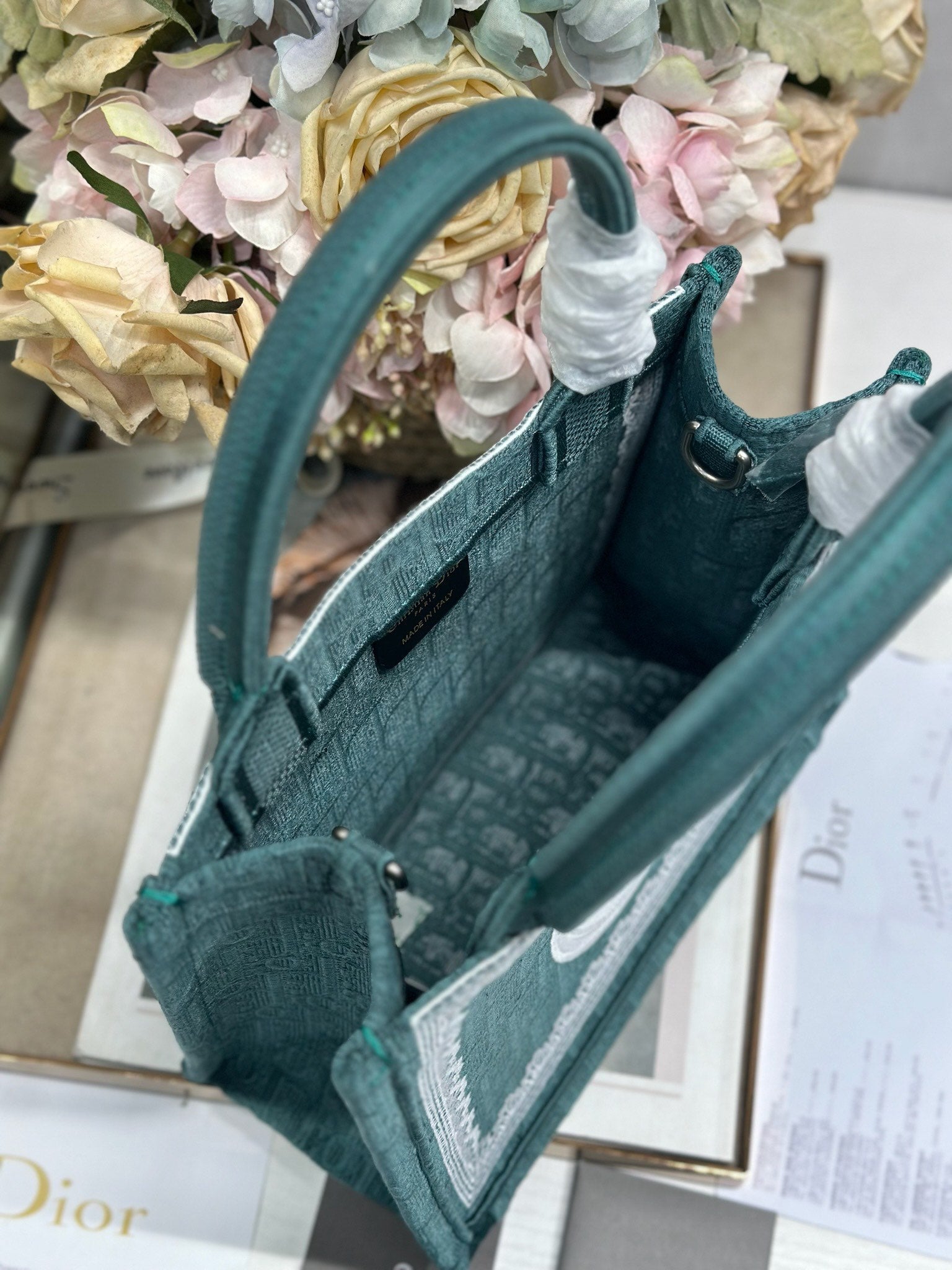 DIOR 26S BOOK TOTE BAG 26 IN TEAL GREEN AND WHITE BAYADERE FABRIC