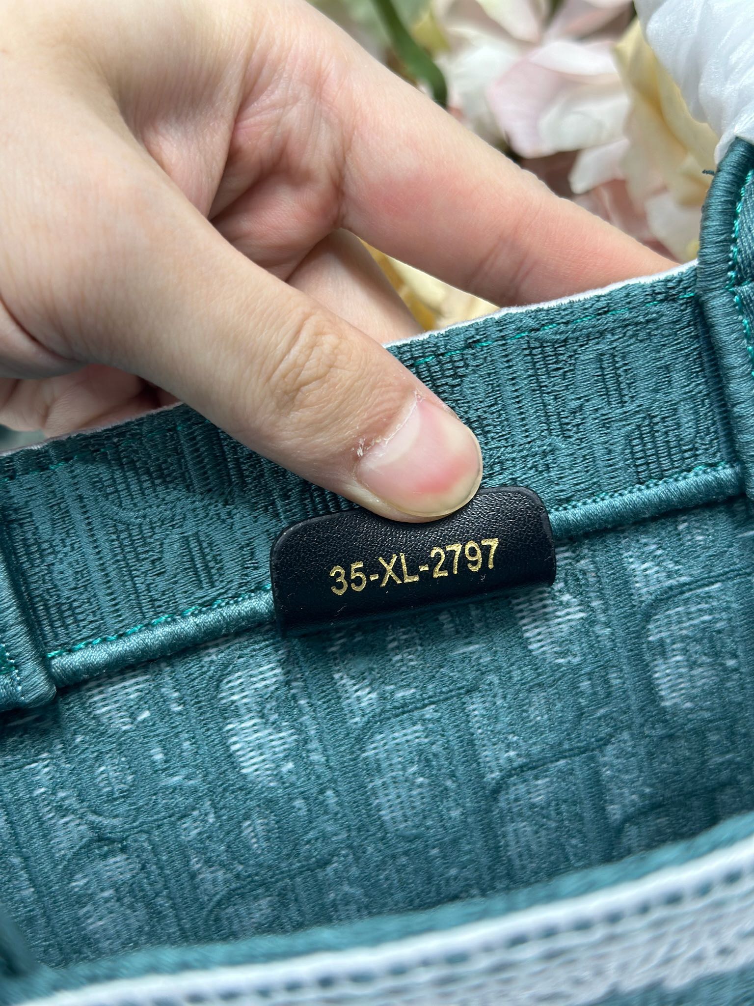 DIOR 26S BOOK TOTE BAG 26 IN TEAL GREEN AND WHITE BAYADERE FABRIC
