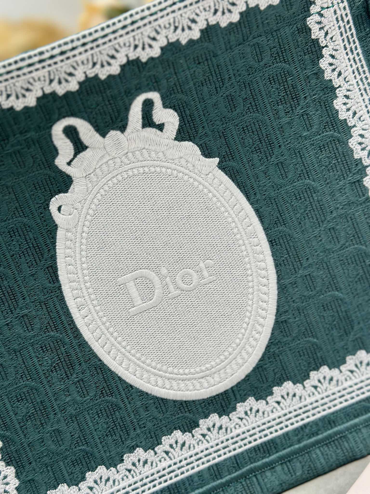 DIOR 26S BOOK TOTE BAG 26 IN TEAL GREEN AND WHITE BAYADERE FABRIC