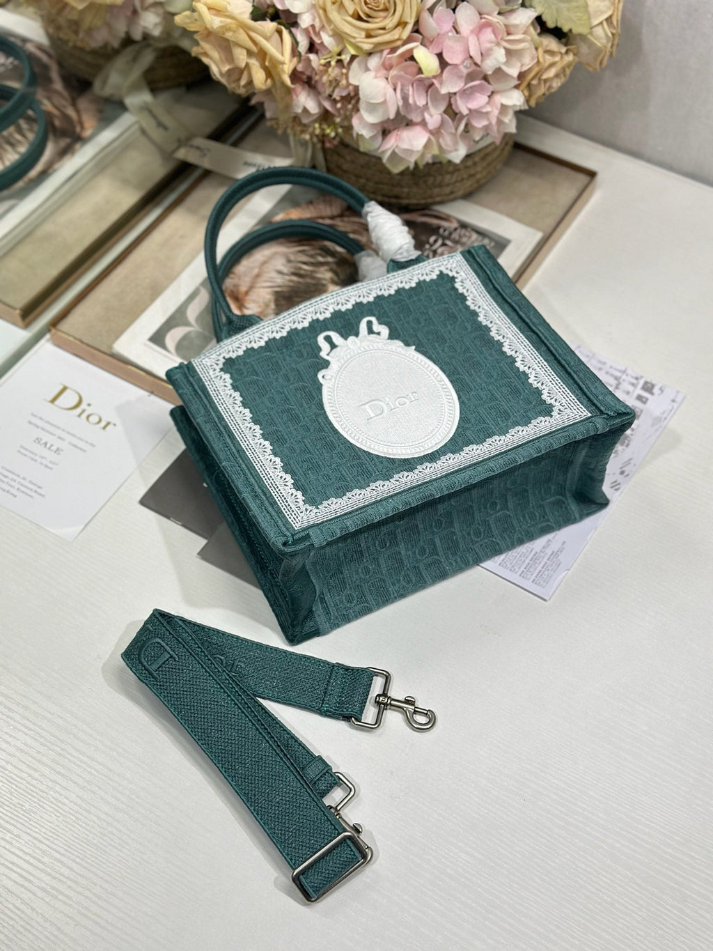 DIOR 26S BOOK TOTE BAG 26 IN TEAL GREEN AND WHITE BAYADERE FABRIC